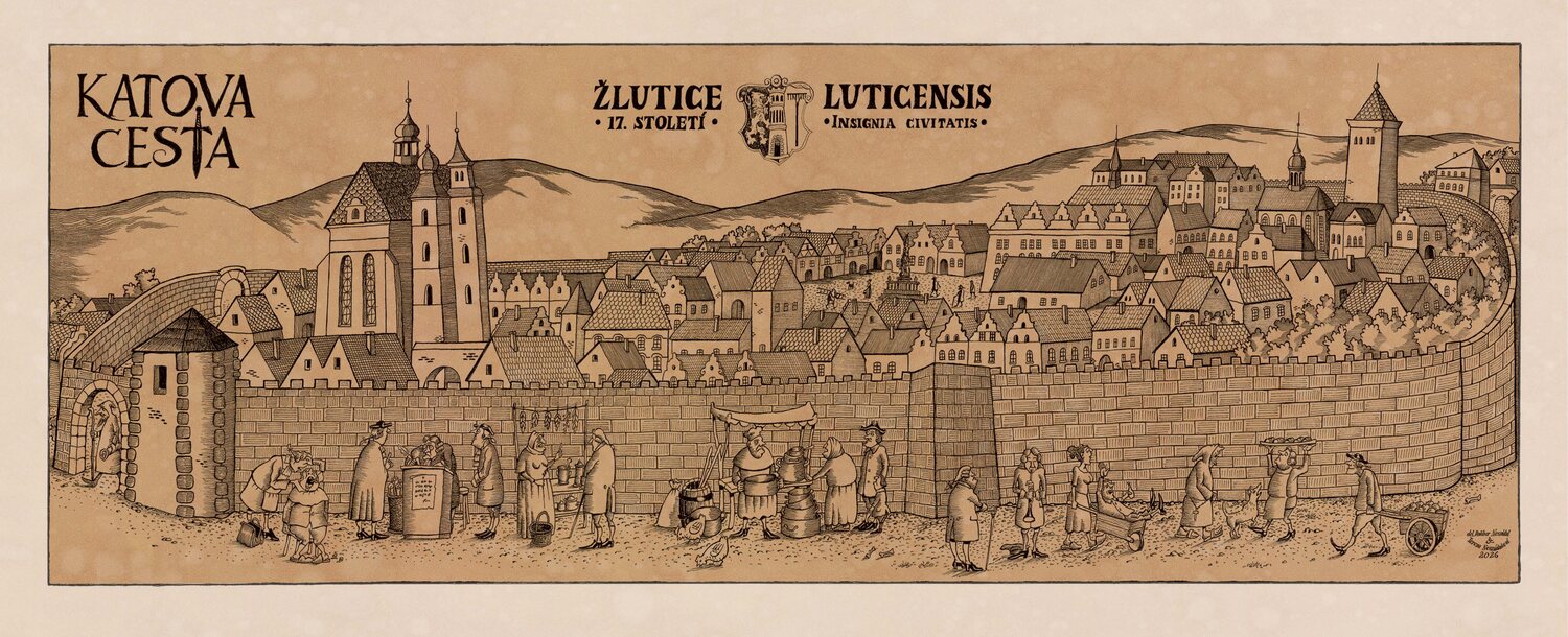 Žlutice v 17. století – veduta na tabuli u vyhlídky
